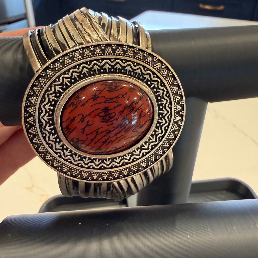 Boho Southwestern Premier Designs Red Spice Silver Tone Cuff Bracelet